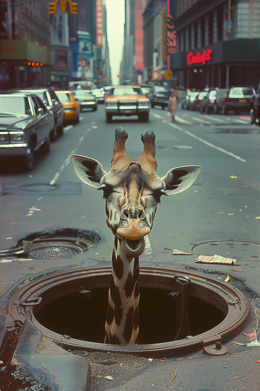 Urban Safari - Giraffe Peeking from a Manhole in the City