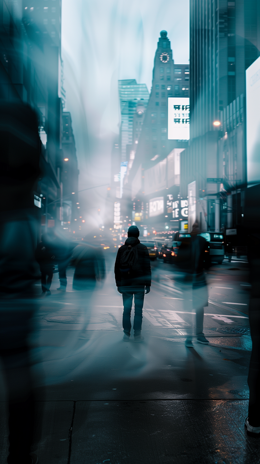 City Solitude - Man Amidst the Blur of Urban Life