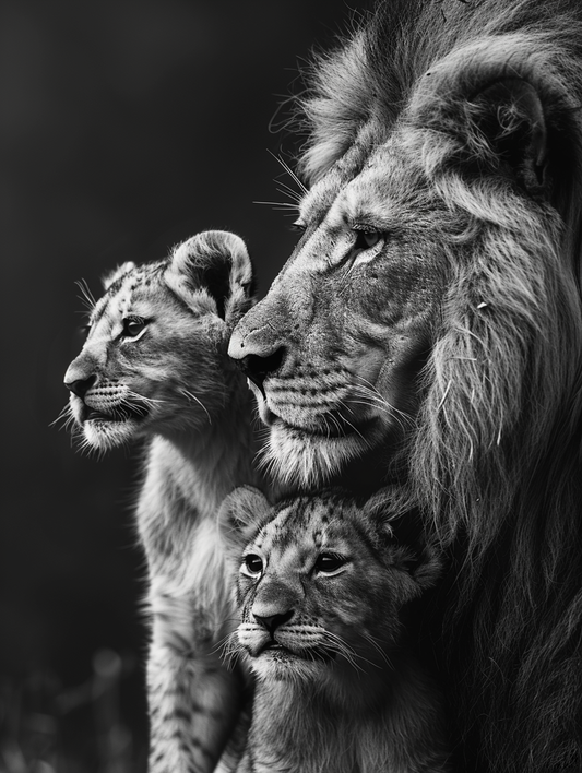 Monarch's Vigil - Portrait of a Lion Family in Black and White