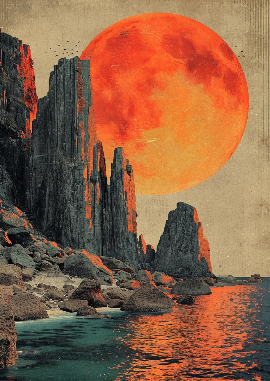 Crimson Monoliths: Neo-Brutalist Seascape