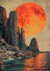 Crimson Monoliths: Neo-Brutalist Seascape