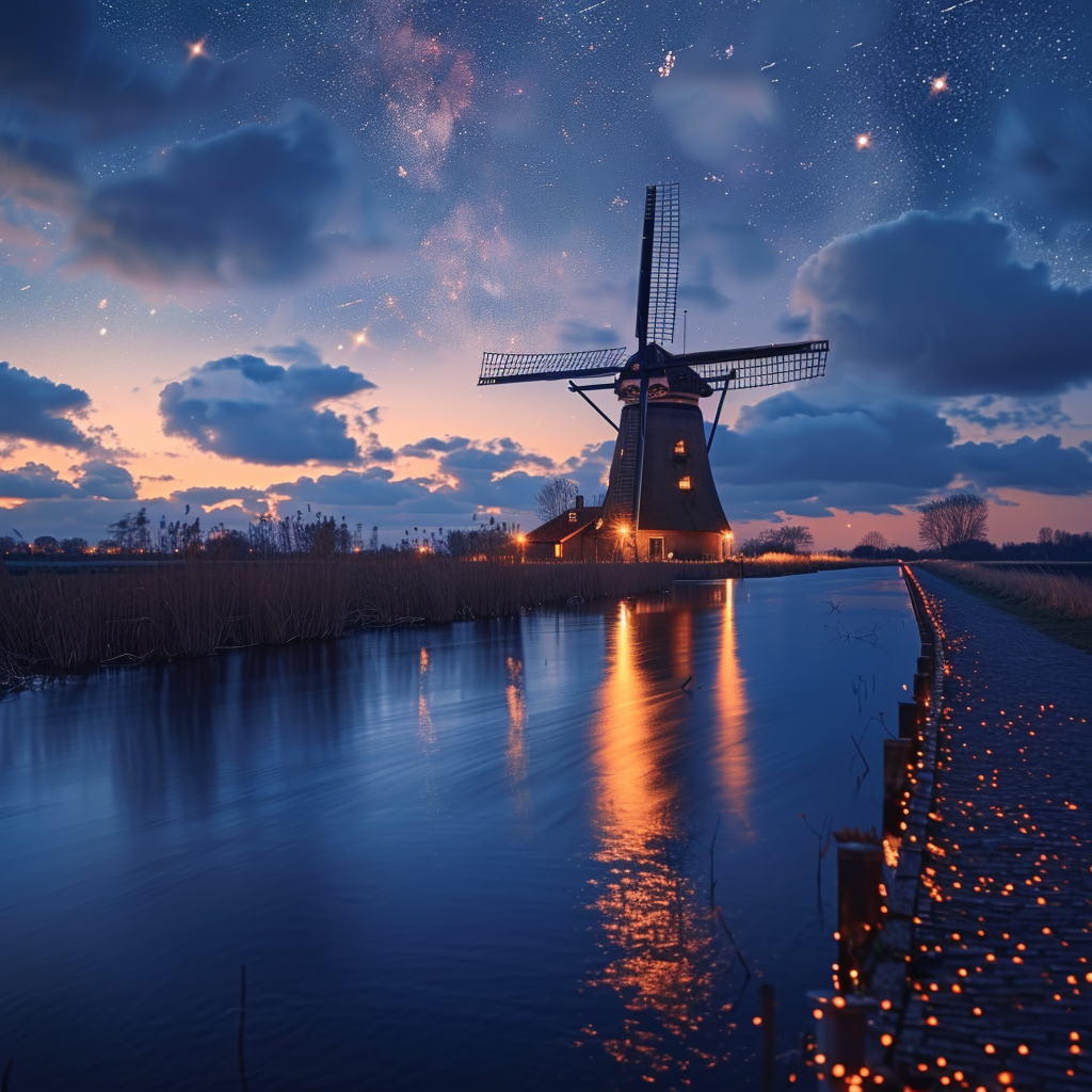 Twilight Serenity: Windmill Under the Stars
